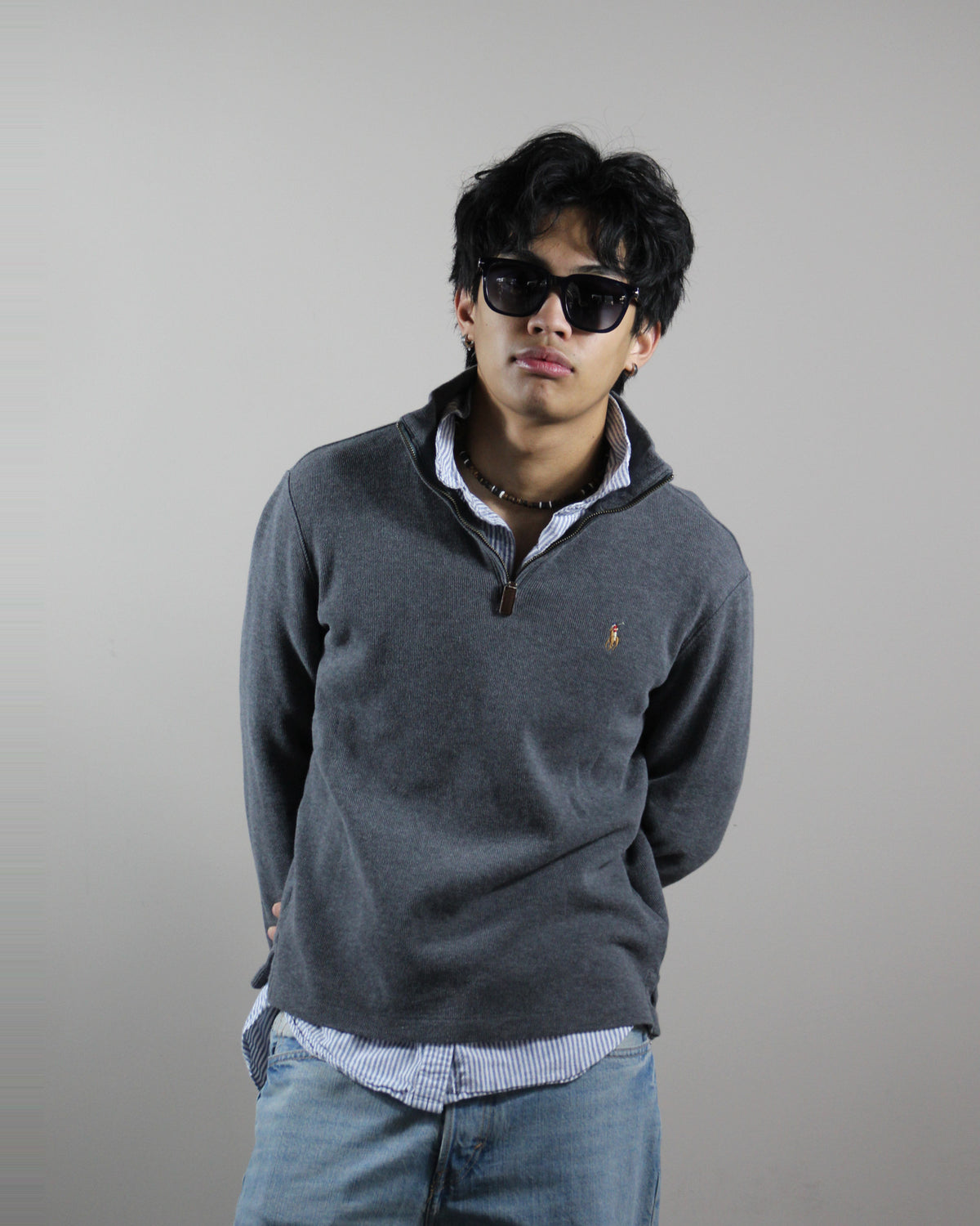 The Riviera Black sunglasses worn on model, full look